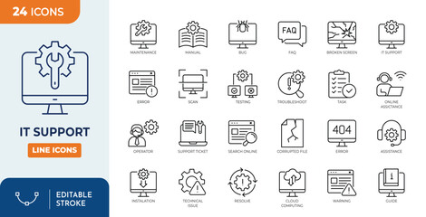 IT Support line editable icon set. Containing tech support, troubleshooting, diagnostics, installation, maintenance, cloud computing, and more. Editable stroke. Vector illustration