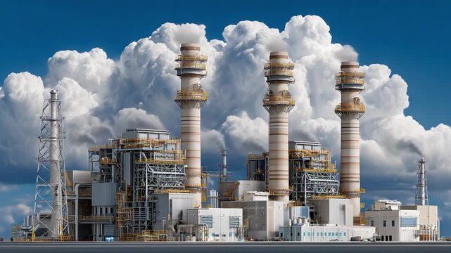 Industrial Powerhouse Under Cloudy Skies: A formidable power plant, its towering chimneys releasing steam against a backdrop of dramatic cloud formations, symbolizes the energy production.