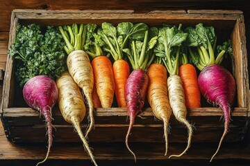 Bright harvest of root vegetables in a rustic wooden crate: vibrant orange carrots, creamy parsnips and magenta radishes with leafy greens, conveying fresh wholesome warmth