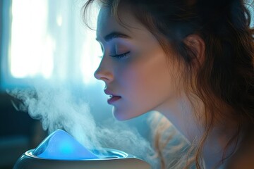 side profile of woman with loose bun near glowing blue humidifier releasing steam in soft window light, calm and contemplative atmosphere