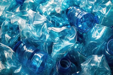 close-up of a pile of crushed blue plastic bottles with glossy twisted shapes conveying pollution and environmental concern
