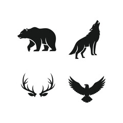 Obraz premium Collection of Silhouette Wildlife Icons Including Bear Wolf Eagle and Antlers.