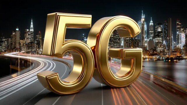 5G Technology Advancement: A captivating 3D rendering of the '5G' logo, set against a blurred urban skyline, representing the cutting-edge technology and connectivity