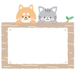 ひょっこり顔を出す犬と猫と木目フレーム　主線なし
