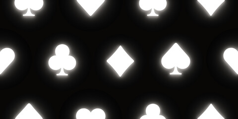 Horizontal seamless pattern with white neon suit of cards on black background, 3d render.