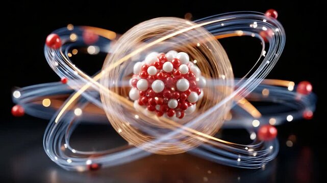 Atom Structure Visualization: A dynamic 3D rendering of an atom, featuring a central nucleus of protons and neutrons, orbited by electrons, showcasing the fundamental building block of matter.