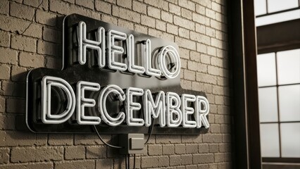 Hello December Neon Sign on Brick Wall.