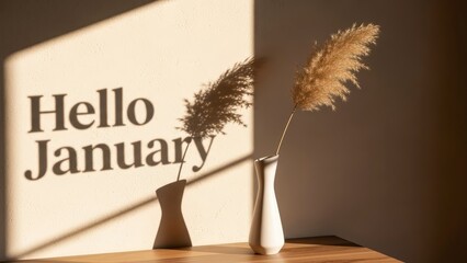 Hello January text with dried flowers and warm sunlight.