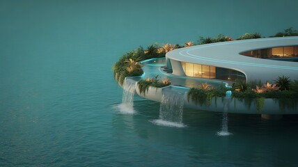 Futuristic house on water with waterfall and tropical garden