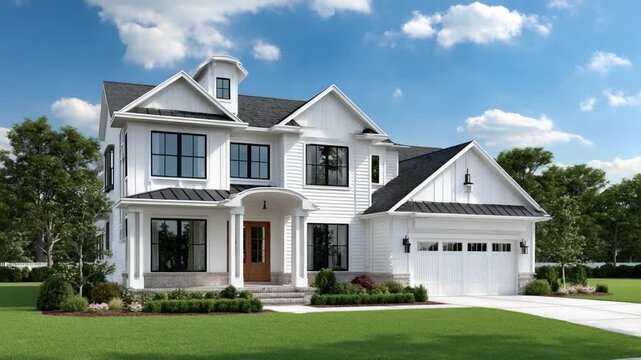 Elegant Suburban Residence: Capturing the grandeur of a modern suburban home, a beautifully designed two-story residence boasts clean lines, expansive windows, and a lush green lawn.