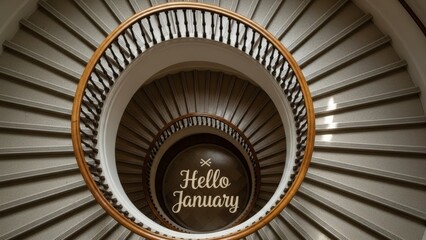Hello January text on a spiral staircase, looking down from above, architectural detail.