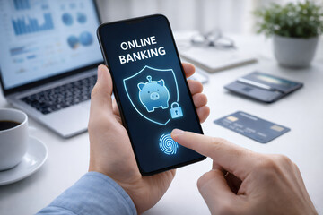 Secure mobile banking with biometric fingerprint authentication and digital financial protection