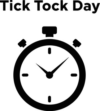 Simple black and white graphic celebrating tick tock day with a stopwatch icon illustrating the passing of time