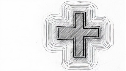 Obraz premium Grey cross symbol with radiating lines, hand-drawn sketch effect.