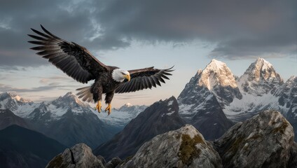 Obraz premium Majestic Bald Eagle Soaring Over Snowy Mountain Peaks.