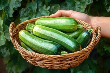 Hand holding woven wicker basket overflowing with fresh green zucchinis against a leafy garden background conveying homegrown pride and freshness