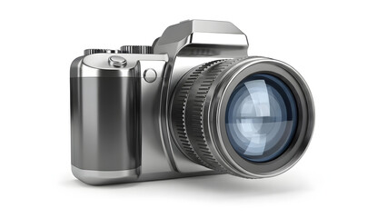 A silver digital camera with a large lens on a white background in a studio shot close up view