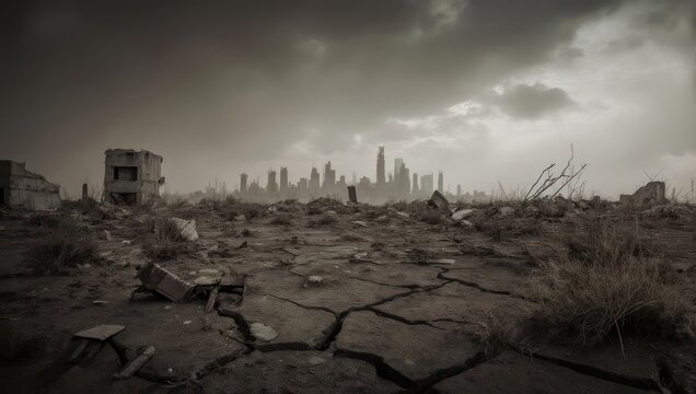 Apocalyptic Cityscape - Ruins and Desolation Under a Stormy Sky.