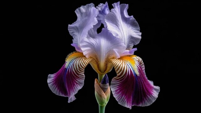 A close-up of a vibrant iris flower with purple, white, yellow, and brown detailing, set against a stark black background