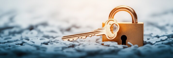 golden padlock with brass key lying on scattered puzzle pieces, warm light conveying reassurance, security and solved mystery