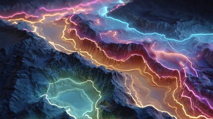 Neon tectonic plates glowing with Earth crust movements, digital geology visual in vibrant neon style for scientific illustration or education