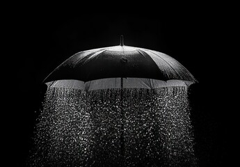 black umbrella shedding a curtain of illuminated rain against a dark background, dramatic high-contrast scene evoking calm and wonder