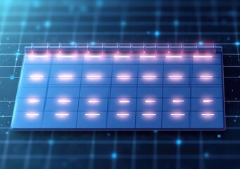 Futuristic glowing digital monthly calendar on a dark grid background with spiral binding, blue grid cells and pink neon highlights, evoking focused organized modern efficiency