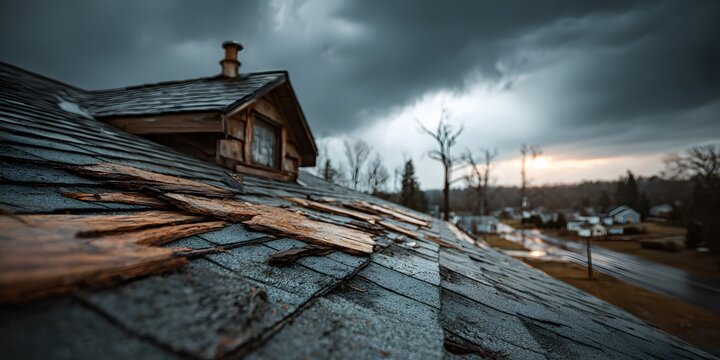 Close-up reveals damaged residential roof with missing shingles after storm under dark moody sky with storm clouds and dramatic lighting.