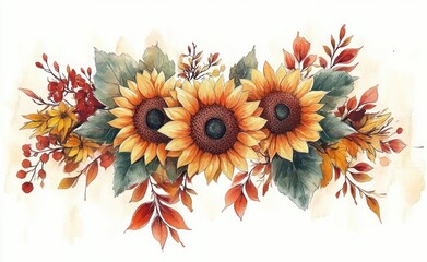 Three vibrant sunflowers with autumn leaves, red berries and green foliage in a warm watercolor bouquet evoking cozy rustic fall cheer