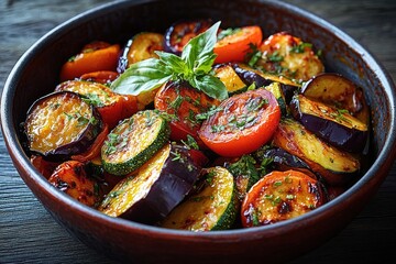 bowl of roasted zucchini, eggplant and cherry tomatoes with fresh basil and chopped herbs, glistening charred slices in a rustic warm and appetizing setting