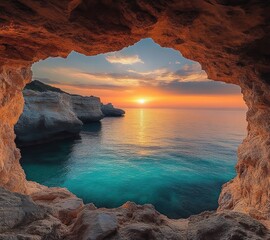 view from a rocky sea cave looking out over turquoise water and coastal cliffs at a tranquil sunset with golden light reflecting on calm ocean, serene and awe inspiring