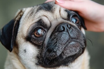 close-up of a small pug dog with large expressive eyes being gently petted on the head, looking content and affectionate