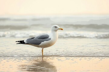 Fototapeta premium solitary seagull standing on one leg in shallow surf at a calm pastel beach with gentle waves and soft reflection, peaceful and contemplative mood