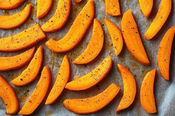 bright orange squash wedges seasoned with cracked black pepper arranged on parchment-lined baking sheet, warm and appetizing