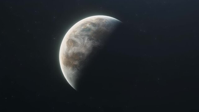 Glimpse of a distant, mysterious exoplanet on the edge of twilight, its surface half-illuminated by a faraway star, drifting through the vastness of the cosmic dark