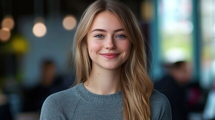 Obraz premium Young woman with long blonde hair in a gray sweater in a cozy cafe with warm bokeh lights, calm neutral mood and soft natural lighting