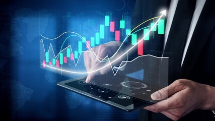 A businessman uses a tablet to examine financial data and stock market trends, featuring vibrant graphs and charts in a modern, high-tech environment. Copula - Powered by Adobe