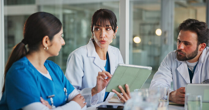 Nurse, doctors and tablet with discussion in clinic for surgery schedule, task delegation or planning. Medical team, people and meeting with tech in hospital for health results, workflow and feedback