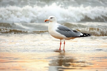 Fototapeta premium lone seagull standing in shallow surf on a golden lit beach with gentle waves, calm and contemplative mood