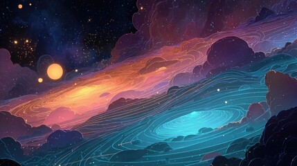 Neon telescope view glowing with vibrant space object outlines, stylized astronomy scene in glowing neon colors showing distant stars or planets