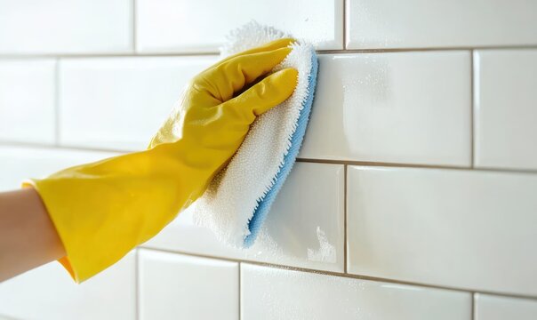 Hand in yellow rubber glove wiping white subway tile wall with microfiber sponge and soap suds, creating a clean fresh and spotless surface