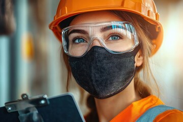 Worker in orange hard hat and safety glasses wearing high-visibility vest holding clipboard, focused and professional in industrial setting