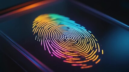 Close-up of a multicolored fingerprint glowing on a sleek glass surface, representing advanced biometric security and digital identity technology - Powered by Adobe