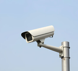 Public CCTV camera mounted on pole, clean sky background