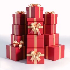 Fototapeta premium Stacked Red Gift Boxes with Gold Ribbons and Bows on White Background