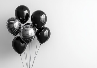 cluster of glossy black and silver metallic balloons floating against a minimalist white background, elegant and moody celebratory atmosphere