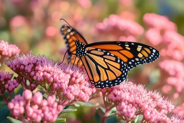 Naklejka premium orange and black butterfly perched on pink clustered flowers with green leaves and soft bokeh background, a serene delicate moment