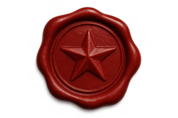 Red wax seal embossing a star symbol, representing authenticity, quality, and premium security, with transparent background