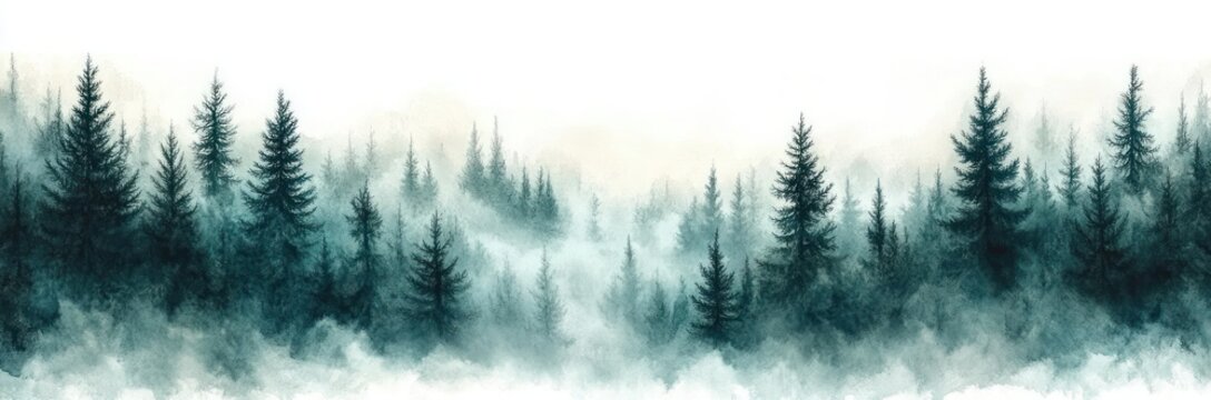 misty evergreen forest panorama with tall pine silhouettes and soft fog, tranquil and mysterious atmosphere