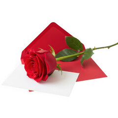 Single red rose on a white envelope isolated on transparent background